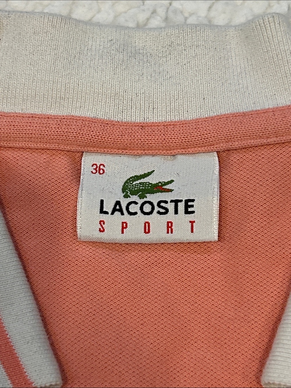 Lacoste Coral Pink Deep V-Neck fitted Polo Shirt Small Striped Collar & Sleeves - Picture 5 of 16